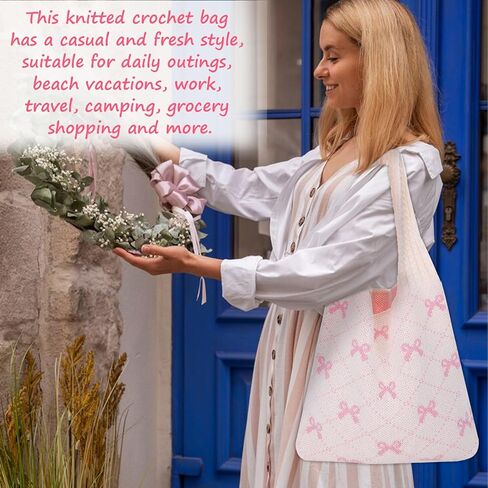 Crochet Tote Bag for Women Girl,Heart/Bow Tote Bag,Boho Aesthetic Knitted Travel Beach Shoulder Handbags for Summer in Kuwait