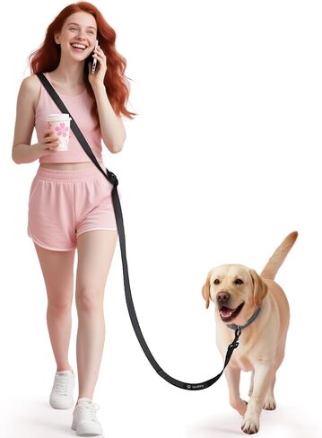 Hands Free Dog Leash,8.2ft Crossbody Dog Leash with Hanging Strap/Hanging Buckle/Poop Bag Holder/Explosion-Proof Handle,Adjustable Crossbody Rope for Dogs Walking,Jogging and Running,18-110lbs,Black in Kuwait