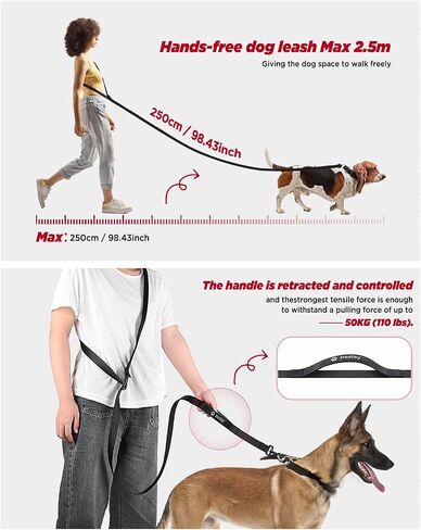 Hands Free Dog Leash,8.2ft Crossbody Dog Leash with Hanging Strap/Hanging Buckle/Poop Bag Holder/Explosion-Proof Handle,Adjustable Crossbody Rope for Dogs Walking,Jogging and Running,18-110lbs,Black in Kuwait