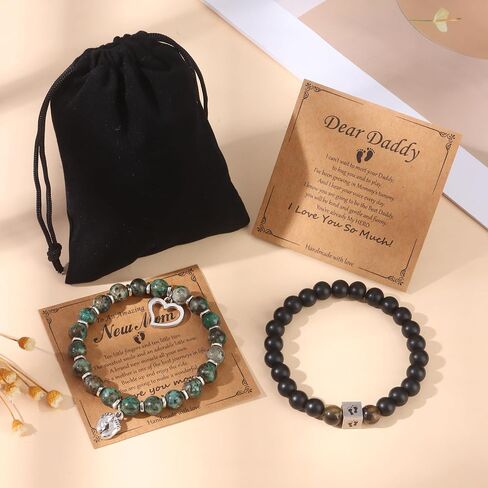 MOZAKA 2Pcs New Mom & Dad Gifts Healing Natural Stone Bracelets for Women Men, First Time Mom & Dad Essentials, Mother's Day Pregnancy Gifts for Expectant Moms in Saudi Arabia