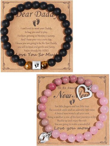 MOZAKA 2Pcs New Mom & Dad Gifts Healing Natural Stone Bracelets for Women Men, First Time Mom & Dad Essentials, Mother's Day Pregnancy Gifts for Expectant Moms in Saudi Arabia