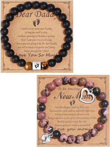 MOZAKA 2Pcs New Mom & Dad Gifts Healing Natural Stone Bracelets for Women Men, First Time Mom & Dad Essentials, Mother's Day Pregnancy Gifts for Expectant Moms in Kuwait