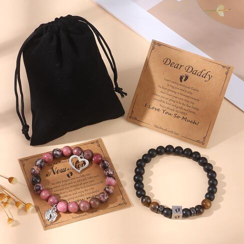 MOZAKA 2Pcs New Mom & Dad Gifts Healing Natural Stone Bracelets for Women Men, First Time Mom & Dad Essentials, Mother's Day Pregnancy Gifts for Expectant Moms in Kuwait
