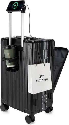feilario 20in Aluminium Frame Hardside Expandable Spinner Wheel Luggage, Built-In TSA lock Carry on Suitcase, with Cup Holder & Phone Holder in Kuwait