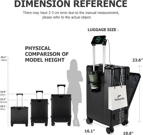 feilario 20in Aluminium Frame Hardside Expandable Spinner Wheel Luggage, Built-In TSA lock Carry on Suitcase, with Cup Holder & Phone Holder in Kuwait