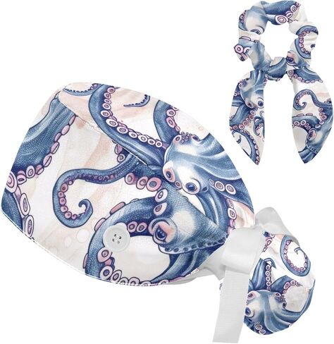 Women’s Working Cap Scrub Hats with Bow Scrunchies, Wave Octopus Pattern Bouffant Surgical Cap Ponytail Holder in Saudi Arabia