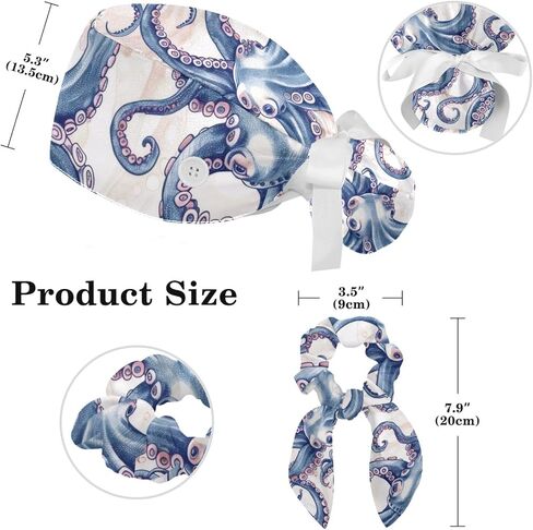 Women’s Working Cap Scrub Hats with Bow Scrunchies, Wave Octopus Pattern Bouffant Surgical Cap Ponytail Holder in Saudi Arabia