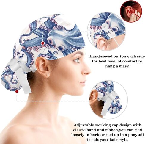 Women’s Working Cap Scrub Hats with Bow Scrunchies, Wave Octopus Pattern Bouffant Surgical Cap Ponytail Holder in Saudi Arabia