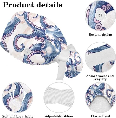 Women’s Working Cap Scrub Hats with Bow Scrunchies, Wave Octopus Pattern Bouffant Surgical Cap Ponytail Holder in Saudi Arabia