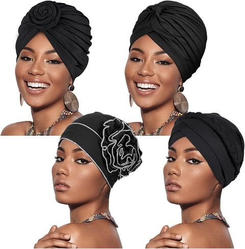 4 Pieces Stretch Turban Hats for Women Cancer Chemo Head African Knot Headwraps Pre-Tied Twisted in Saudi Arabia