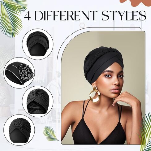 4 Pieces Stretch Turban Hats for Women Cancer Chemo Head African Knot Headwraps Pre-Tied Twisted in Saudi Arabia