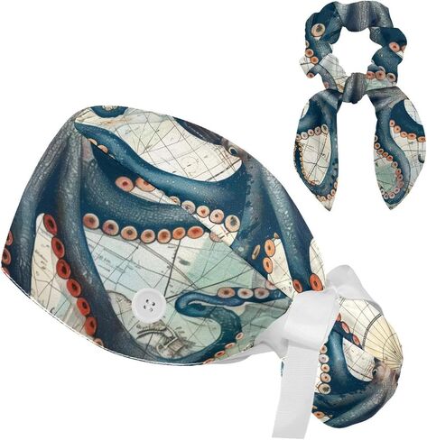Women’s Working Cap Scrub Hats with Bow Scrunchies, Wave Octopus Pattern Bouffant Surgical Cap Ponytail Holder in Saudi Arabia