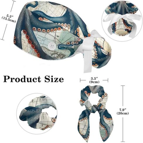Women’s Working Cap Scrub Hats with Bow Scrunchies, Wave Octopus Pattern Bouffant Surgical Cap Ponytail Holder in Saudi Arabia
