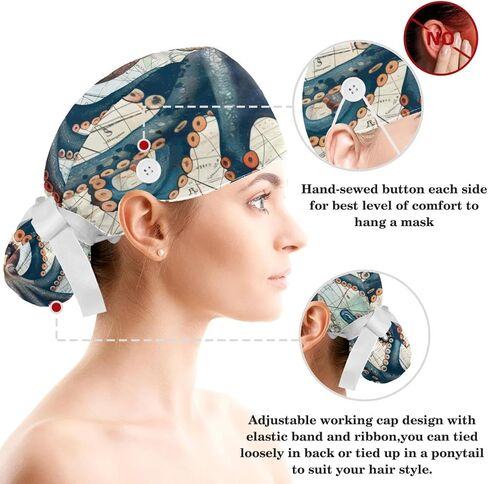 Women’s Working Cap Scrub Hats with Bow Scrunchies, Wave Octopus Pattern Bouffant Surgical Cap Ponytail Holder in Saudi Arabia