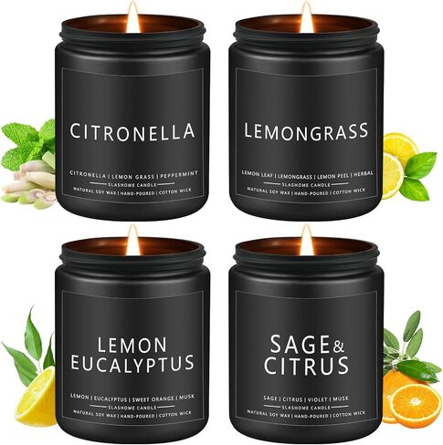 Outdoor Candles Set, Scented Candles for Summer, Soy Jar Candle for Outdoor Patio Indoor Home Scented - Citronella/Lemon Eucalyptus/Lemongrass/Sage & Citrus, Gifts for Father Dad & Men (7oz - 4 Pack) in Saudi Arabia