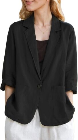 Mintlimit Womens Linen Blazer Summer 3/4 Sleeve Notch Label Work Office Suit Suit Disual Button Blazers مع جيوب in Kuwait