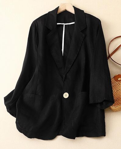 Mintlimit Womens Linen Blazer Summer 3/4 Sleeve Notch Label Work Office Suit Suit Disual Button Blazers مع جيوب in Kuwait