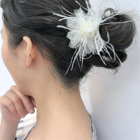 سيدة fascinator ريشة بروش للمرأة أنيقة قذيفة لؤلؤة الشبكة أزهار الشعر مقطع الزفاف زفاف السترة طية دبوس الزفاف شعر الديربي القبعة كوكتيل أزياء أزياء (أبيض) in Kuwait