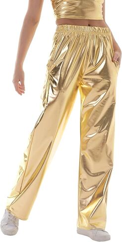 Women Shiny Hip Hop Trousers Metallic Wetlook Wide Leg Pants Retro Disco Hippie Club Straight Leg Pants Streetwear in Saudi Arabia