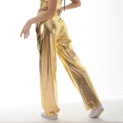 Women Shiny Hip Hop Trousers Metallic Wetlook Wide Leg Pants Retro Disco Hippie Club Straight Leg Pants Streetwear in Saudi Arabia