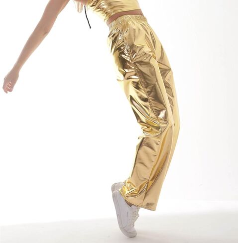 Women Shiny Hip Hop Trousers Metallic Wetlook Wide Leg Pants Retro Disco Hippie Club Straight Leg Pants Streetwear in Saudi Arabia