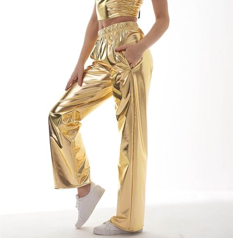 Women Shiny Hip Hop Trousers Metallic Wetlook Wide Leg Pants Retro Disco Hippie Club Straight Leg Pants Streetwear in Saudi Arabia