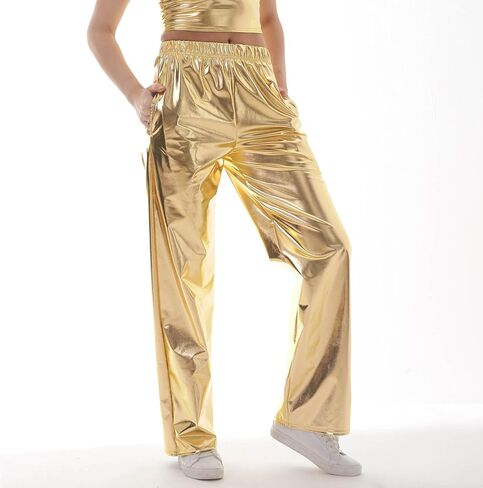 Women Shiny Hip Hop Trousers Metallic Wetlook Wide Leg Pants Retro Disco Hippie Club Straight Leg Pants Streetwear in Saudi Arabia