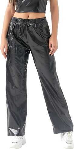 Women Shiny Hip Hop Trousers Metallic Wetlook Wide Leg Pants Retro Disco Hippie Club Straight Leg Pants Streetwear in Saudi Arabia