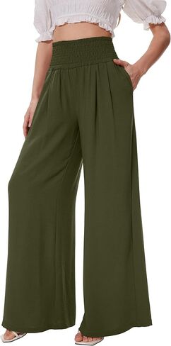 FUNYYZO Womens Palazzo Pants Elastic Waisted Pull On Beach Trousers Casual Wide Leg Long Lounge 2026 Summer Vacation in Kuwait