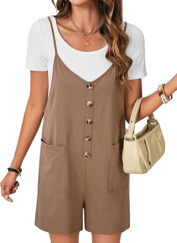 LYANER Women's Casual Summer Sleeveless Romper Loose Adjustable Spaghetti Strap Button Front Stretchy Shorts Jumpsuits in Saudi Arabia