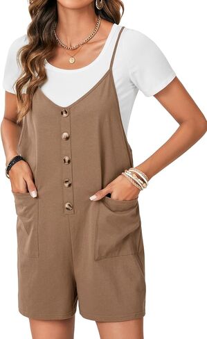 LYANER Women's Casual Summer Sleeveless Romper Loose Adjustable Spaghetti Strap Button Front Stretchy Shorts Jumpsuits in Saudi Arabia