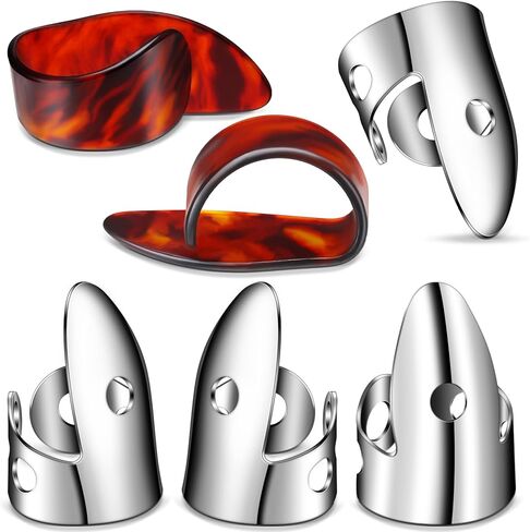 مجموعة 6 قطع من أعواد أصابع البانجو من شابي، بما في ذلك أعواد أصابع من الفولاذ المقاوم للصدأ وأعواد إبهام، وأعواد أصابع معدنية قابلة للتعديل للجيتار والبانجو والآلات (فضية، لون العقيق) in Kuwait