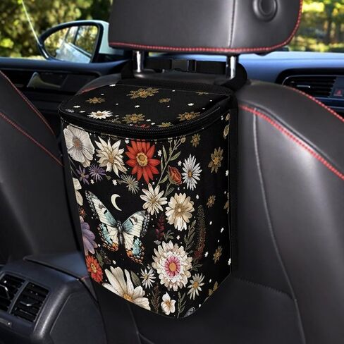 Washable Car Trash Can Hanging Car Garbage Bag for Back Front Seat Console Retro Butterfly Moon Stars Colorful Flower Pattern Cooler & Storage Bag Automotive Garbage Cans in Saudi Arabia