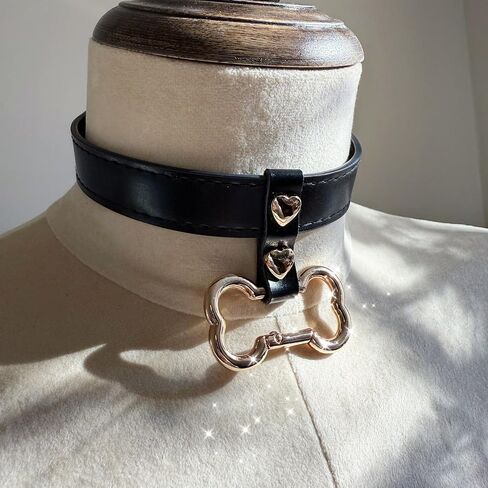 Handmade Bone Ring Leather Choker Collar For Women, Cute Pastel Pink Choker Necklace with Bone Shaped Pendant and Heart Rivets in Kuwait