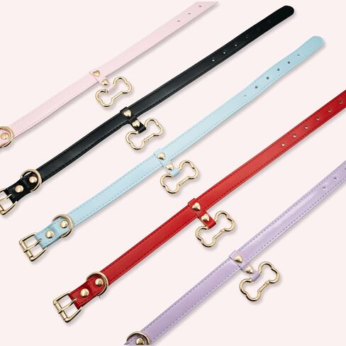 Handmade Bone Ring Leather Choker Collar For Women, Cute Pastel Pink Choker Necklace with Bone Shaped Pendant and Heart Rivets in Kuwait