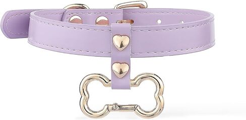 Handmade Bone Ring Leather Choker Collar For Women, Cute Pastel Pink Choker Necklace with Bone Shaped Pendant and Heart Rivets in Kuwait