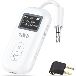 1Mii SafeFly Pro Bluetooth 5.3 Transmitter Receiver, Wireless Audio Adapter w/Screen for 2 Bluetooth Headphones, AptX LL/HD/AD, Use with Any 3.5MM Jack on Airplane, TV & iPad/Tablet