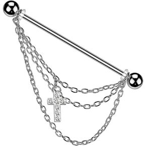 Pierced Owl 14GA 316L Stainless Steel Dangling CZ Crystal Paved Cross and Chains Industrial Barbell