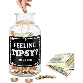 Klmnop Glass Tips Jar for Money, Clear Tips Jar for Restaurant, Bartender Tip Jar, Tip Bucket for Musicians(Tipsy)
