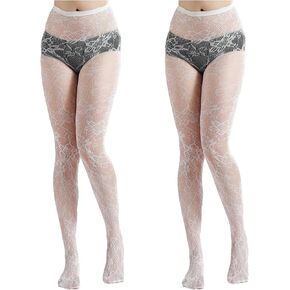Lace Tights - 2PCS Lace Stockings for Women, Leggings Floral Pantyhose (White)