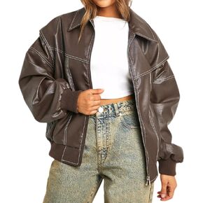 ksotutm Oversized Leather Jacket Women Vintage Zip Up Bomber Motorcycle Faux Leather Jacket Coat Outerwear