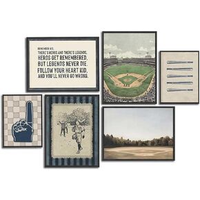 WWN Vintage Baseball Canvas Wall Art Set of 6 Baseball Field Stadium Picture Wall Decor Baseball Sports Inspirational Quotes Poster Painting Prints Artwork for Boys Room Office Teen Room Home Decor