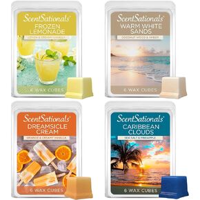 Scentsationals Wax Melts Staycation 4-Pack – Long Lasting Wax Cubes with Strong Scent for Warmers – Includes Frozen Lemonade, Caribbean Clouds, Warm White Sands & Dreamsicle Cream – 10oz (24-Cubes)