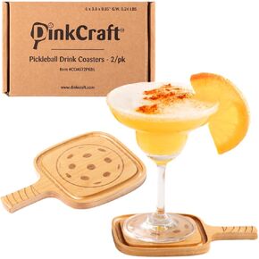 Pickleball Drink Coasters, 2/Pack, Pickleball Gift, Party Decoration, Birch Wood Coaster Set, 3.5 x 3.5", Paddle Shape with Handle, Varnished Finish