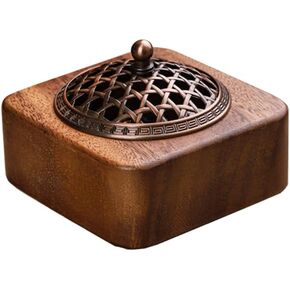 Square Incense Burner Holder - 4" Handcrafted Walnut Wood Censer with Metal Alloy Lid | Natural Incense Stick/Bowl Tray for Yoga & Meditation | Luxury Home Decor Gift for Zen Lovers