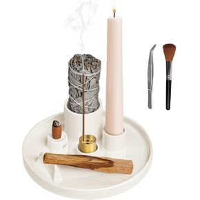 Luvan Multifunction Incense and Candle Holder for Burning Sage, Palo Santo, Incense Sticks and Backflow - 6.06" Ceramic Ash Catcher Tray for Meditation Room Home Zen Decor