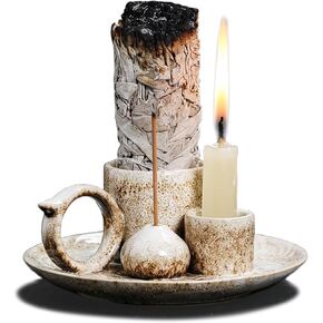 4 in 1 Ceramic Incense Burner Holder with Handle for Burning Sage, Palo Santo Stick, Joss Sticks, Candle in Your New House, Office, Yoga, Meditation Room