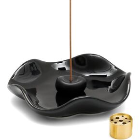Ceramic Incense Holder for Sticks - Wave-Shaped Tray with Brass & Ceramic Stick Holder - Incense Burner Holder with 5.3" Ash Catcher Bowl for Meditation, Yoga, Home Decor (Black&White)