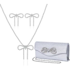 Elegant Rhinestone Bow Event Bundle: Shiny Crystal Bow Flap Clutch Evening Purse Silver Bow Choker Necklace & Earrings Set for Weddings Bridesmaids Parties Proms and Formal Events