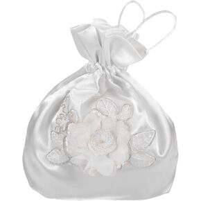 LOGOFUN Wedding Bags Satin Bridal Wedding Money Bag White Handbag with Bows Ribbon Bridal Showers Pouch Bag for Women Girls Party Supplies